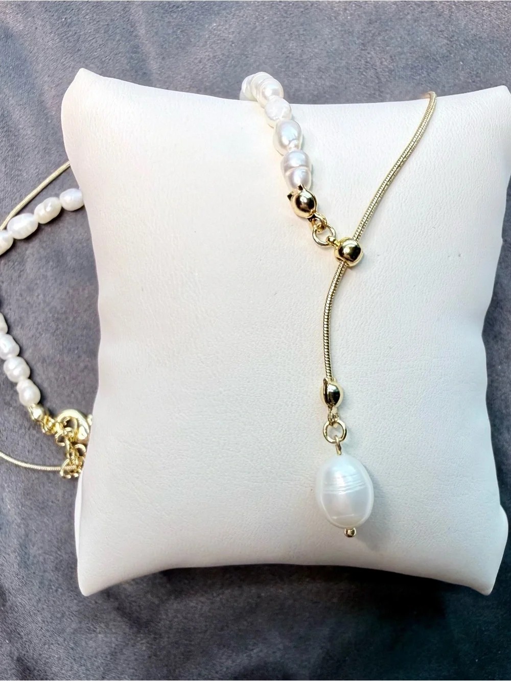 Gold Plated Lariat Asymmetrical Y Necklace with White Pearl Drop